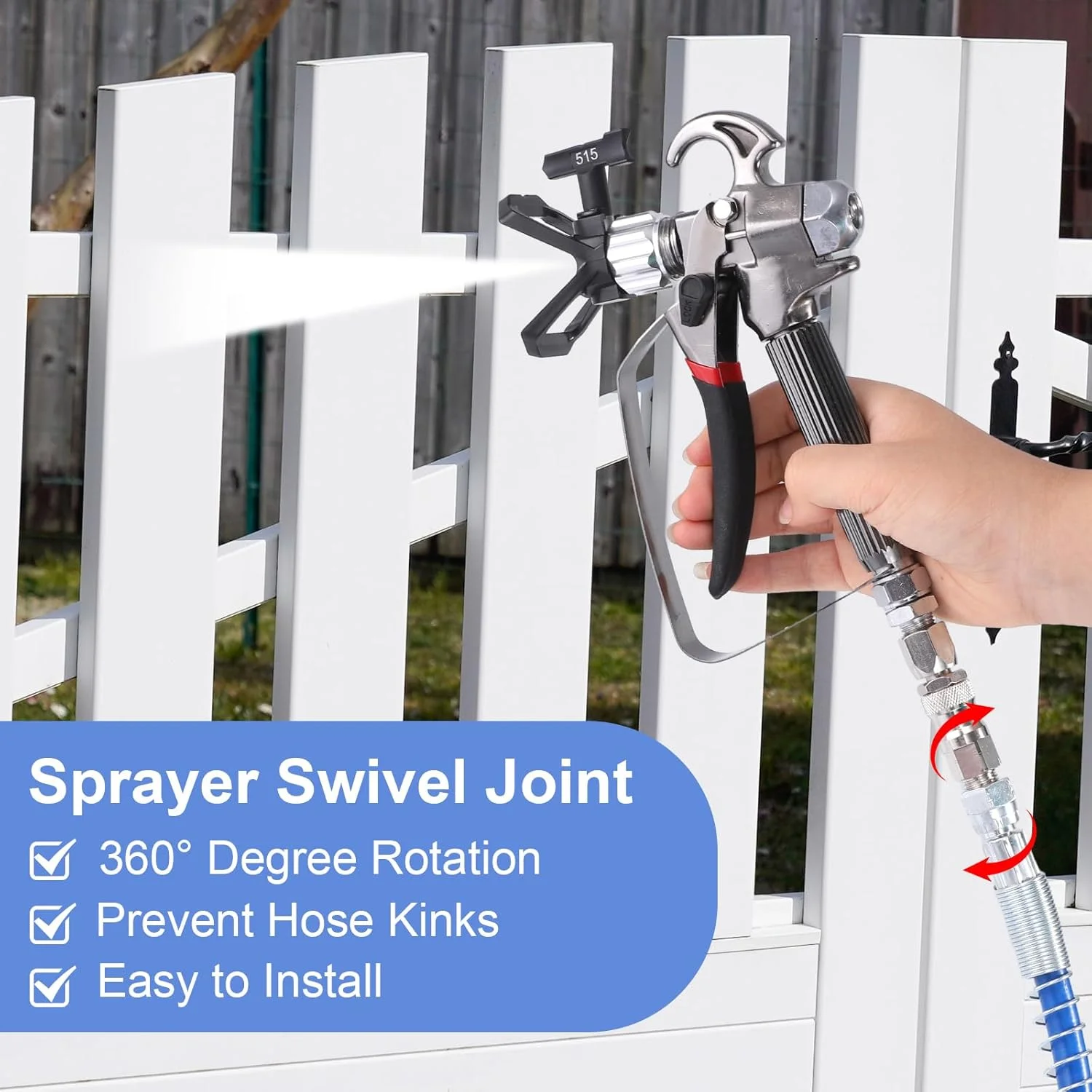 خرطوم مسدس الرش اللا هوائي 1/4 بوصة - ضغط العمل: 3300 رطل/بوصة مربعة - ضغط الانفجار: 8500 رطل/بوصة مربعة - موصل 1/4 بوصة ومفصل دوار - متوافق مع جميع مسدسات الرش اللا هوائية الرئيسية