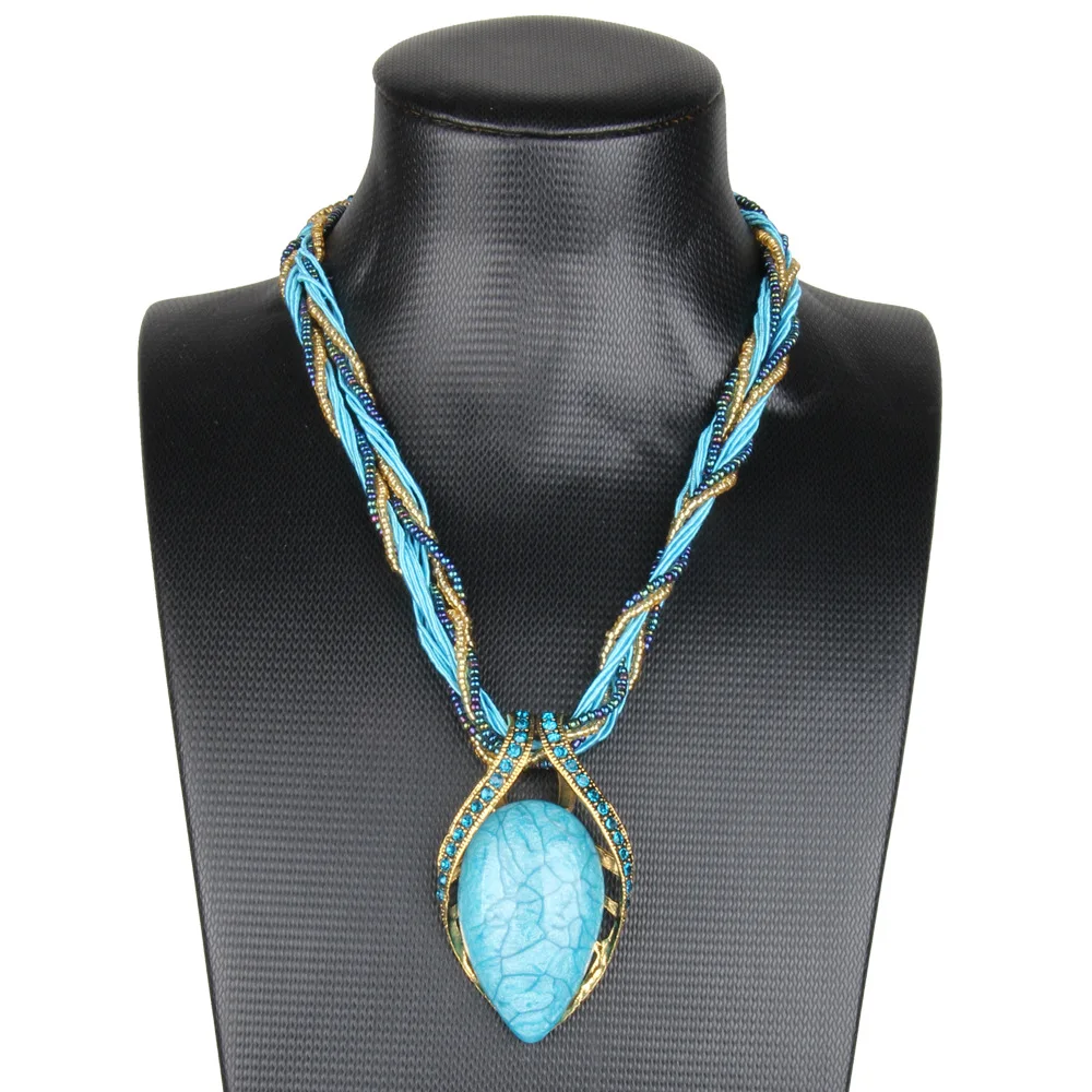 Collier pendentif goutte de cristal bohème Feng Shui pour femme, perle de riz tissée vintage, collier pull, tempérament, mode