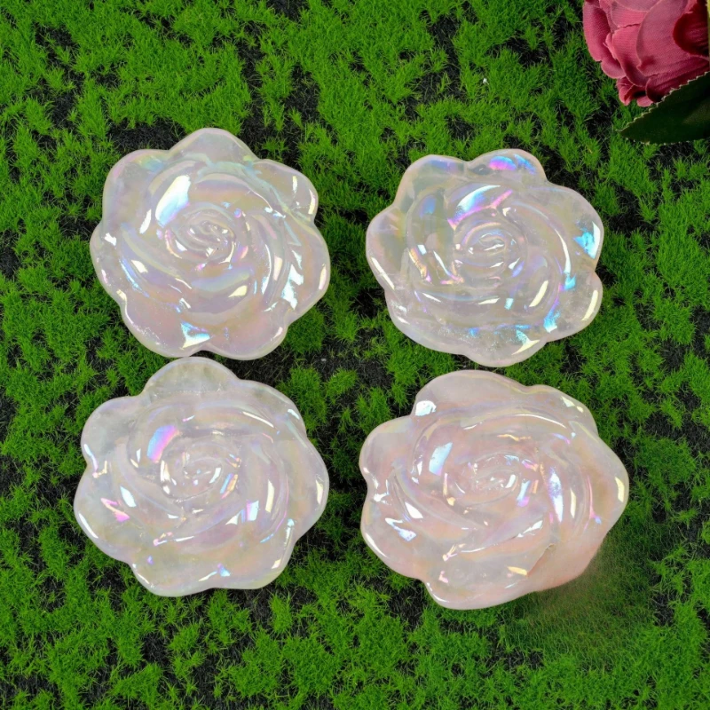 

Wonderful Rainbow Aura Natural Rose Quartz Flower Titanium Coated Clear Quartz Crystal Rose Sculpture Gift for Valentine's Day