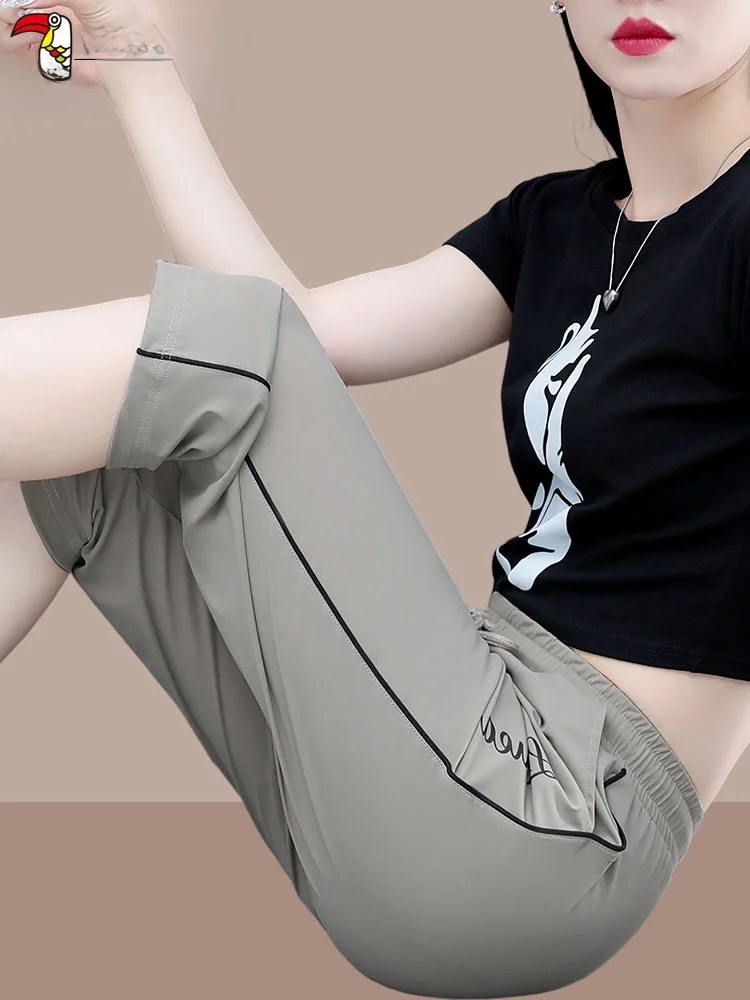 

Женские спортивные брюки Qui Dry Ice Silk, летние тонкие дышащие повседневные прямые брюки с высокой талией и эластичной резинкой на талии, корейский сле