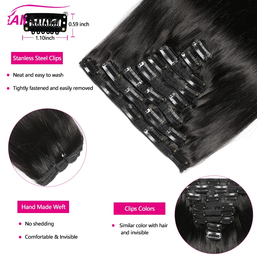 Extensión de cabello humano con Clip recto, Clips de cabello humano brasileño sin procesar, 120g por juego, sin costuras