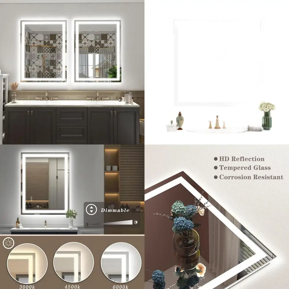 

Настенное квадратное зеркало для ванной комнаты со светодиодной подсветкой, с регулируемой яркостью, противотуманное, небьющееся, функция памяти, сертифицированное ETL