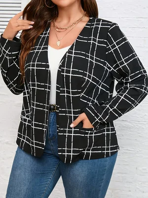 Plus size feminino preto branco xadrez frente aberta blazer manga longa casual solto escritório outerwear