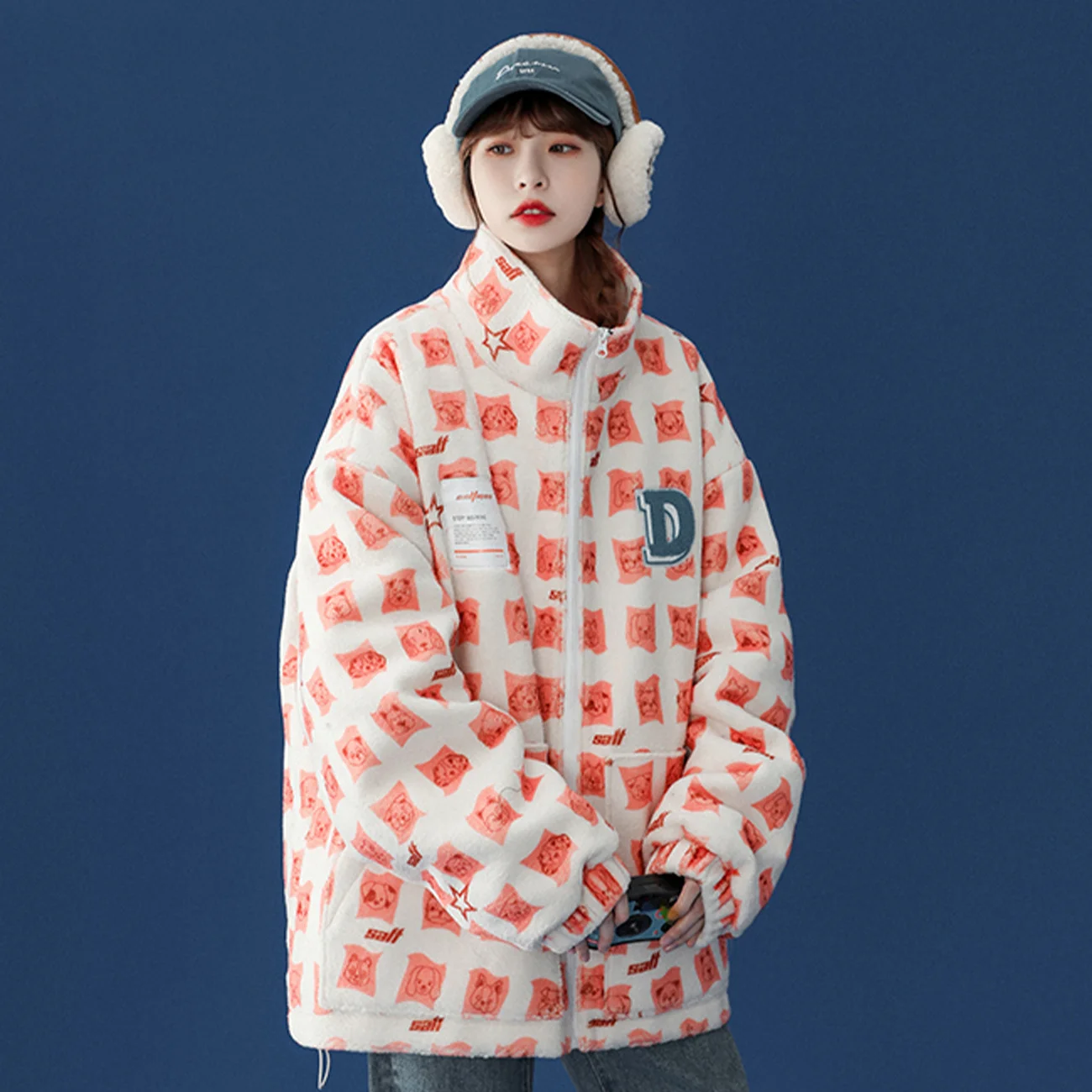 

Harajuku Plaid Winter Jacket Wool Zip Up Coat Oversize Streetwear 2022 Men Women Korean Fashion Outwear Male Clothing Pink