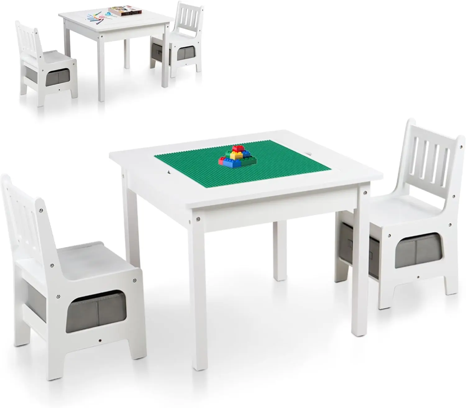 Kids Play Table and 2 Chair Set, 2 in 1 Wooden Activity Table w/Storage, Compatible with Lego and Duplo Bricks