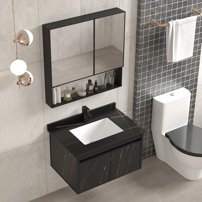 2024 modern style aluminium bathroom furniture vanity cabinet set with sink mirror wall mounted type