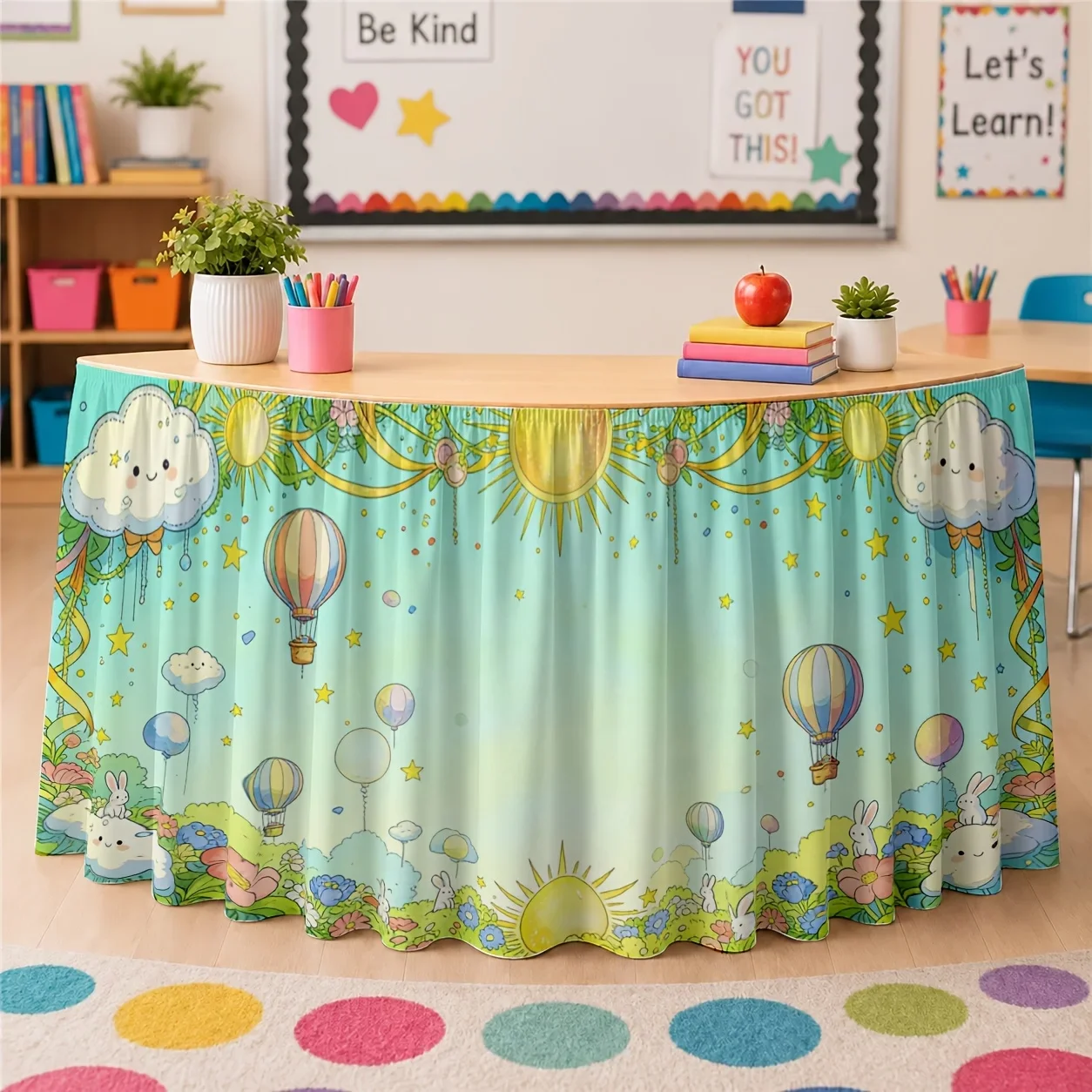 One table skirt tablecloth with whimsical and fantastical dreamy pastel floral, balloon, cloud, sunshine, garden pattern.xzj