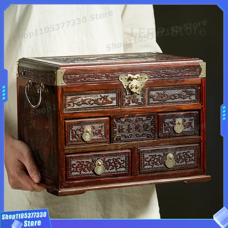 Lao Big Red Rosewood Jewelry Box Solid Wood Chinese Retro Storage Organizer Mahogany Dresser Case for Women Gift Elegant