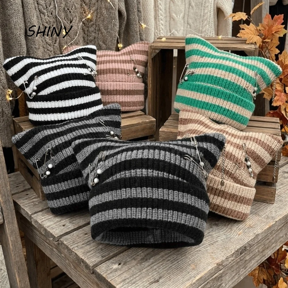Y2K Gothic Thickened Cat Ear Beanie Soft Pin Knitted Striped Hat Chunky Polyester Warm Hat Fall