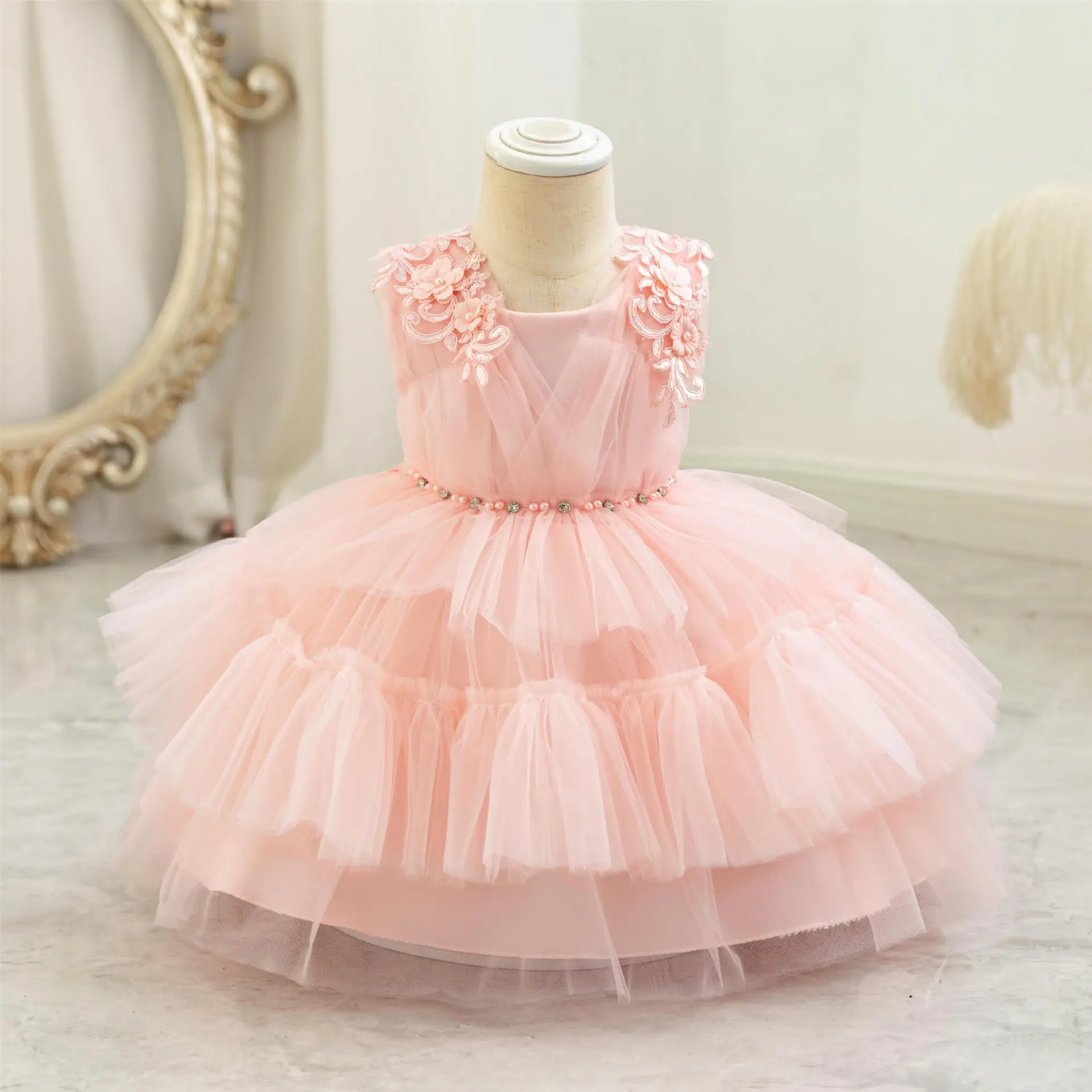 

Baby Dresses Appliques Pearl Belt Girl Kid's Dress Tutu Layered Puffy Infant Ball Gown for Wedding Birthday Performance 1-6 Year