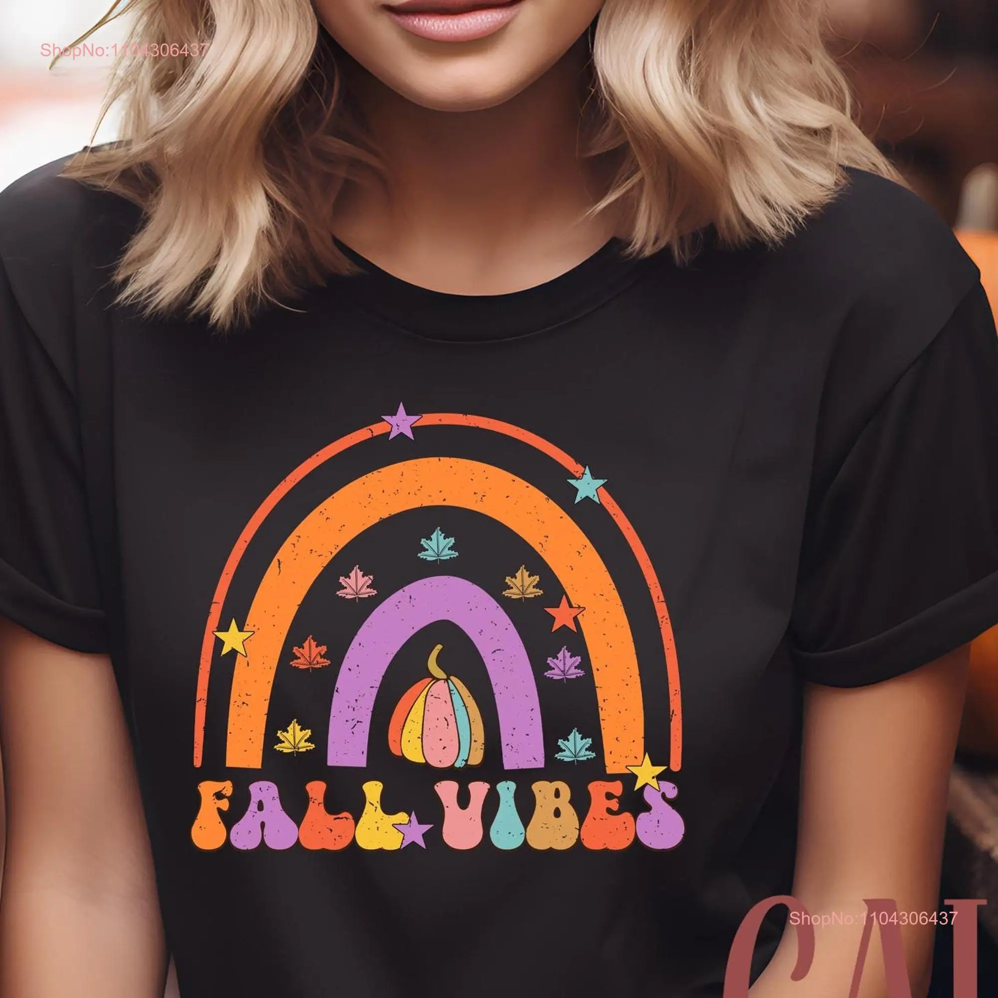 Thanksgiving T Shirt Fall Vibes Rainbow Retro Thankful Pumpkin Group long or short sleeves