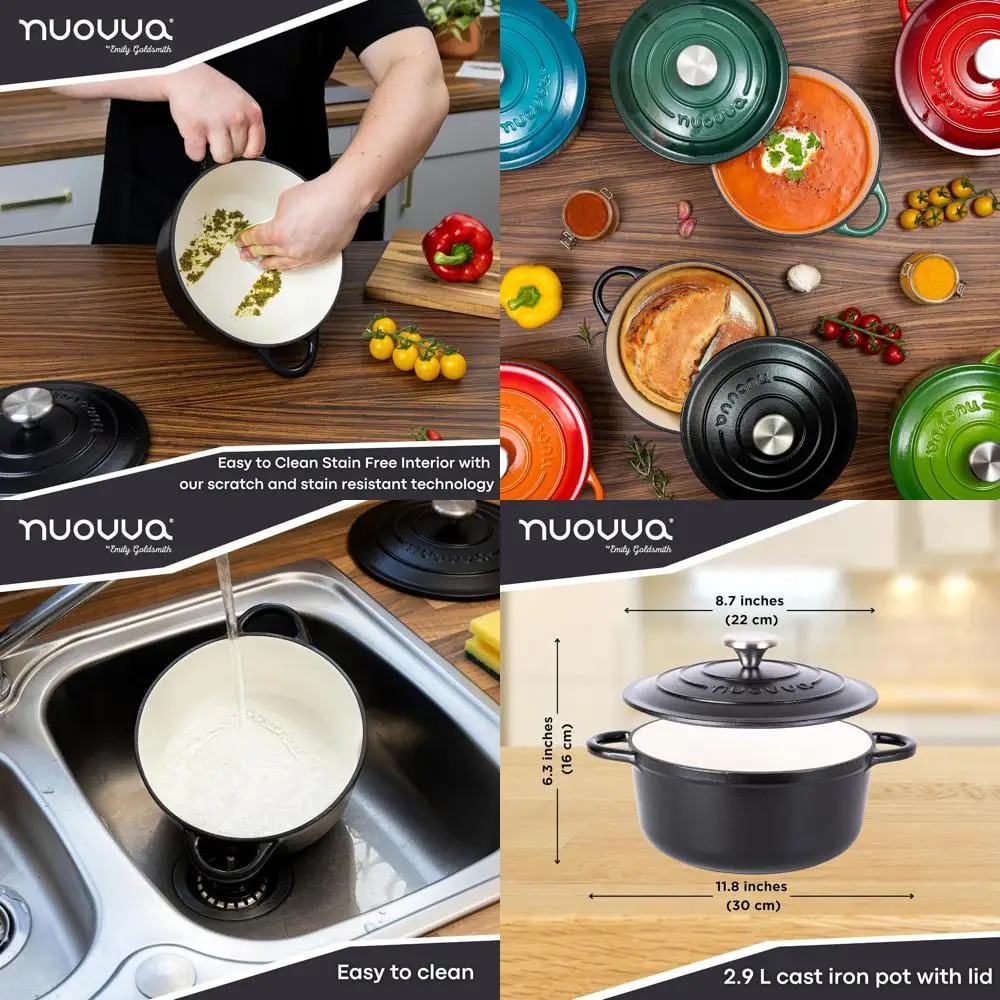 

Эмалированная чугунная жаровня с крышкой - 3,1 л, 22 см, с антипригарным покрытием, прочная посуда для приготовления пищи - черная