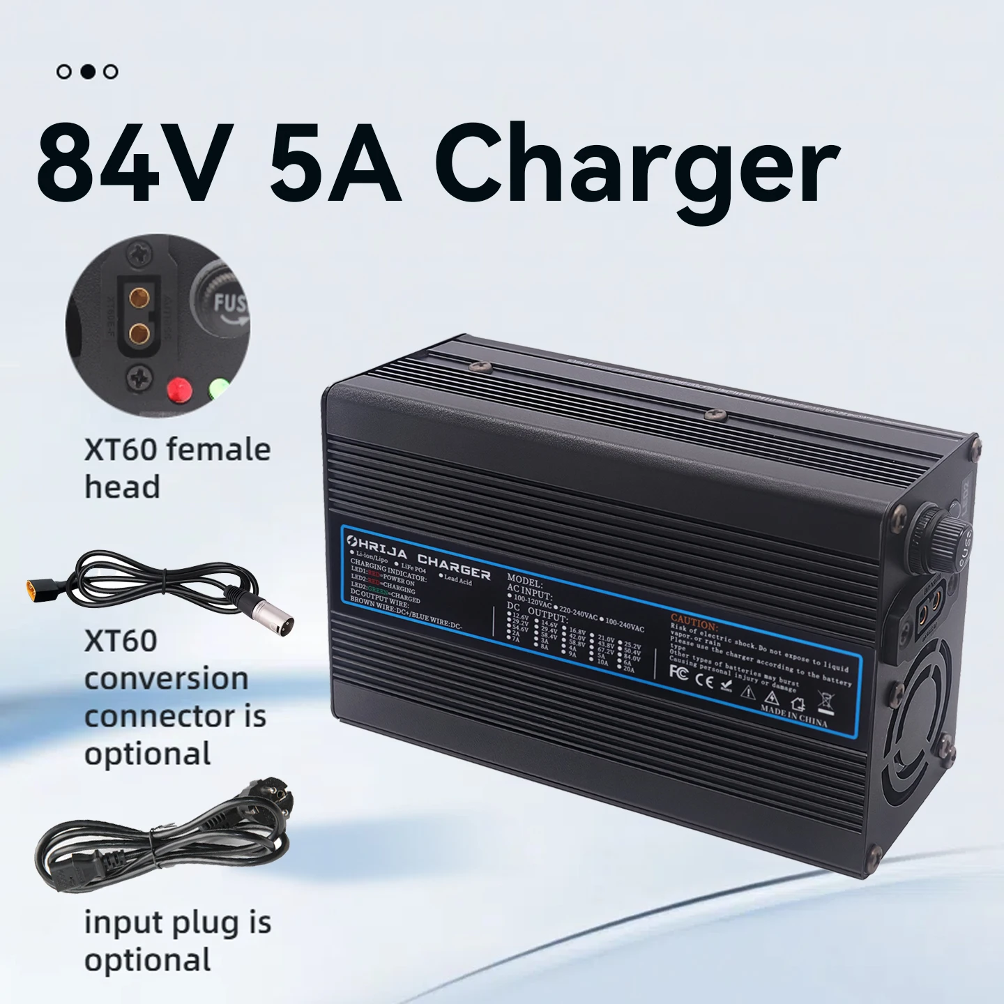 

OHRIJA 84V 5A charger quick aluminum shell suitable for 20S lithium-ion battery charger detachable connector plug is optional