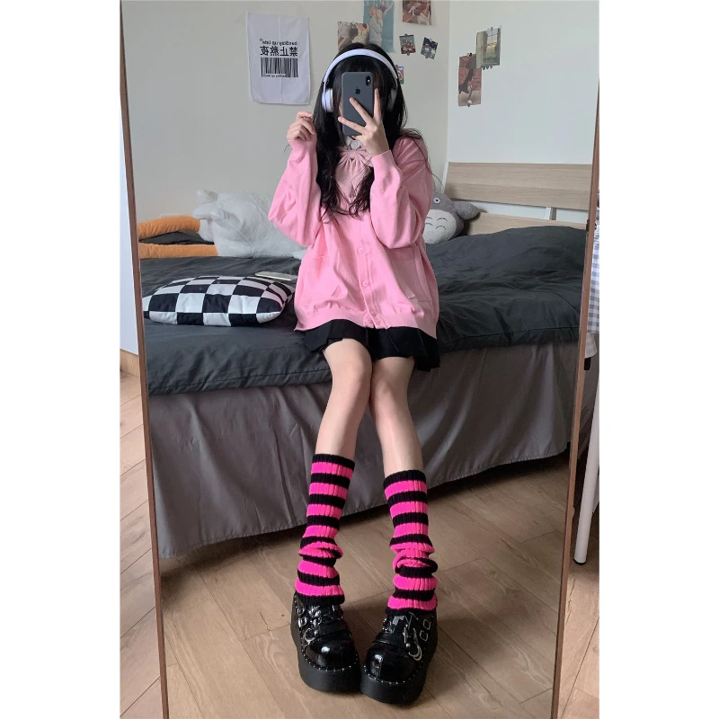 Y2k Goth Lolita Girls Cute Striped Knit Leg Warmers JK Uniform Gothic Women Leggings Gaiters Knee Knitted Cuffs Ankle Warmer 90s