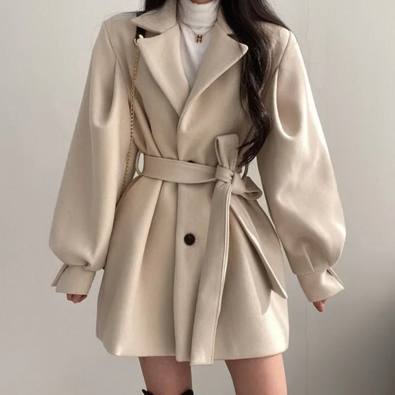 2024 New Arrival Fashionable Solid Woolen Jacket for Women Commuting Style Long Coat with Belt for Autumn and Winter