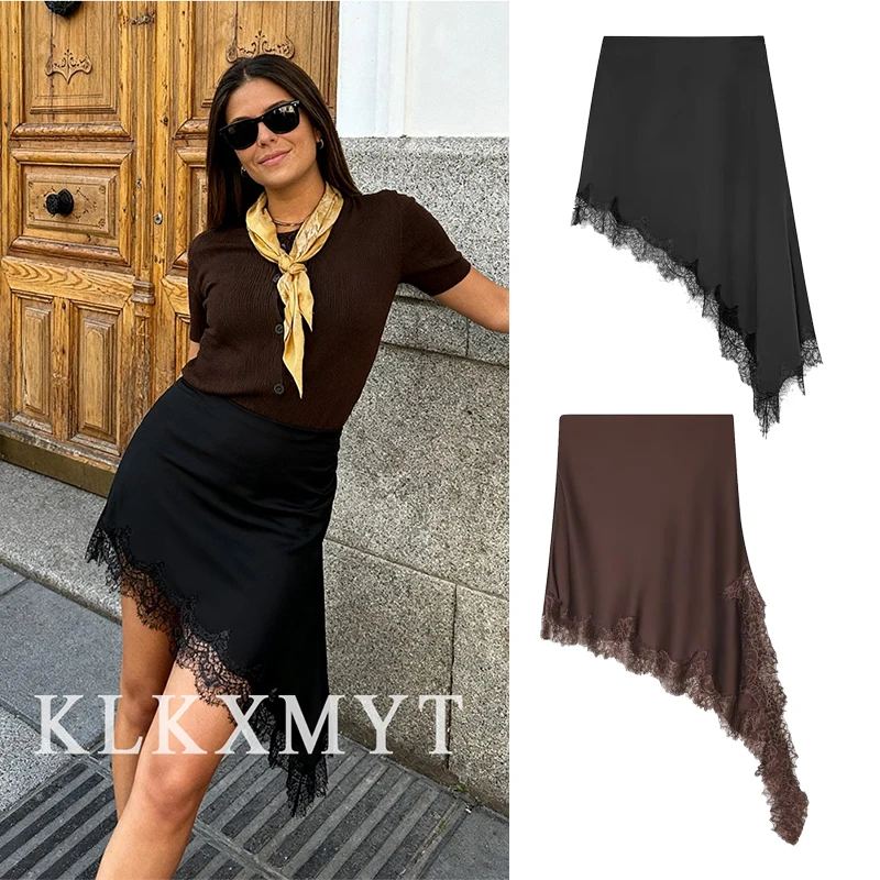 

Women Sexy Satin Lace Splice Skirts 2025 Women Summer New Fashion Lace Asymmetric Hem Skirts Women Elegant High Waist Skirts