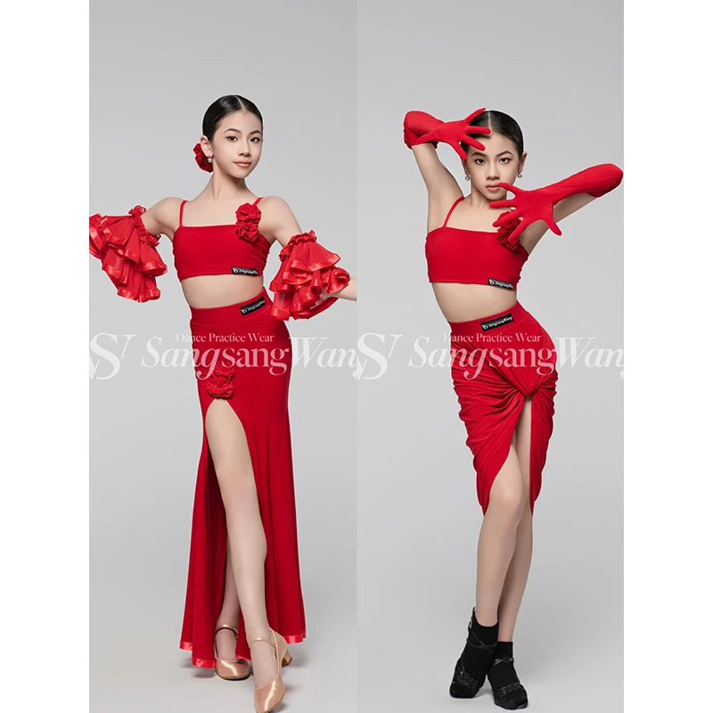 Girls Latin Ballroom Dance Competition Clothes Flower Tops Slit Skirt Kids Latin Performance Costume Prom Stage Dress DNV21076