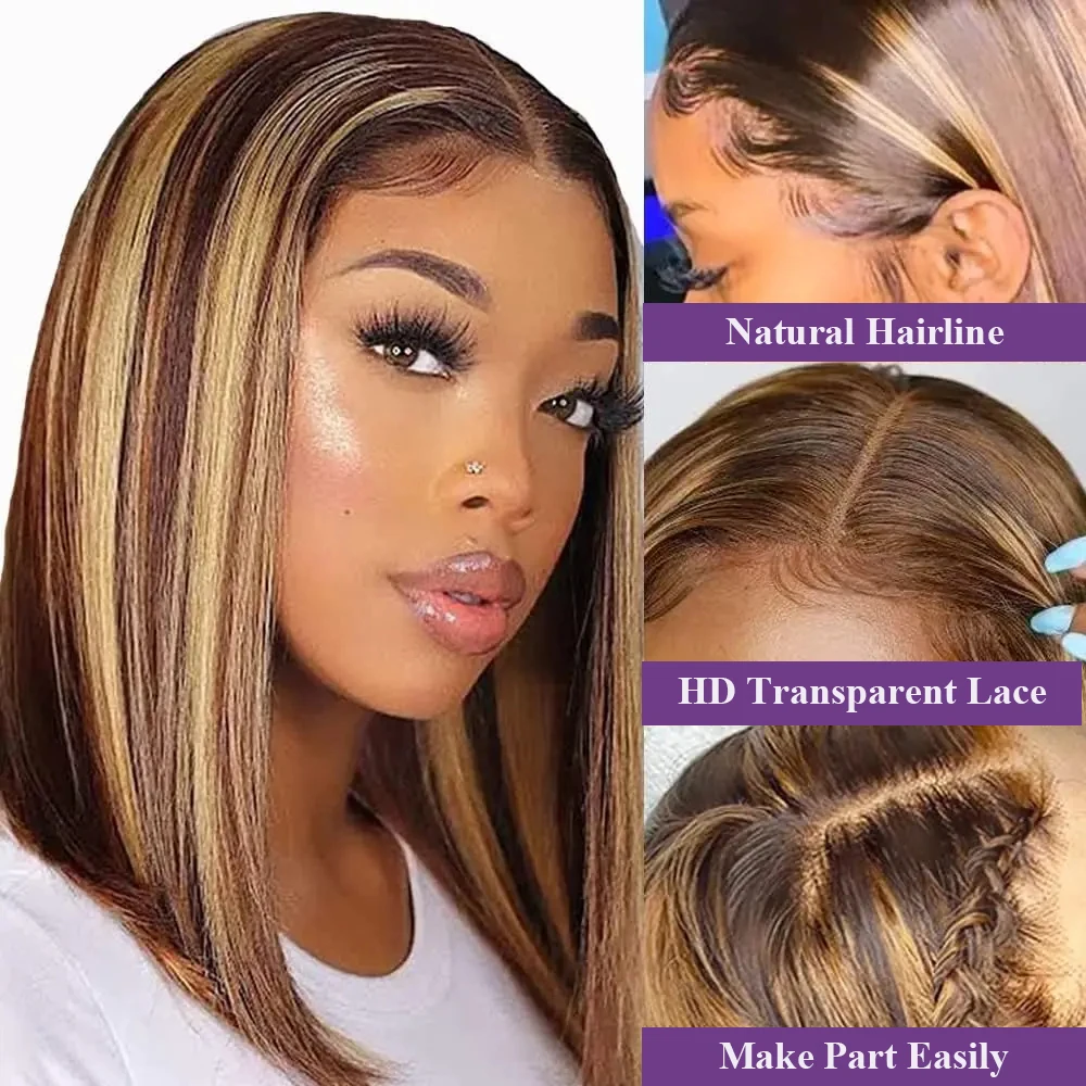 Perruque Bob Lace Wig naturelle brésilienne, cheveux lisses, reflets blond miel ombré 4/27, 13x4, pre-plucked