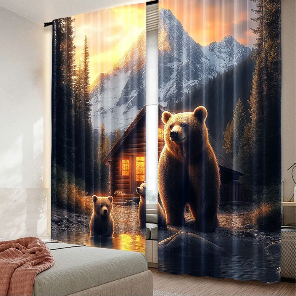 

2Pcs Bear Curtains For Bedroom Nature Hunting Lodge Forest Polar Bear Family Curtain For Living Room Home A