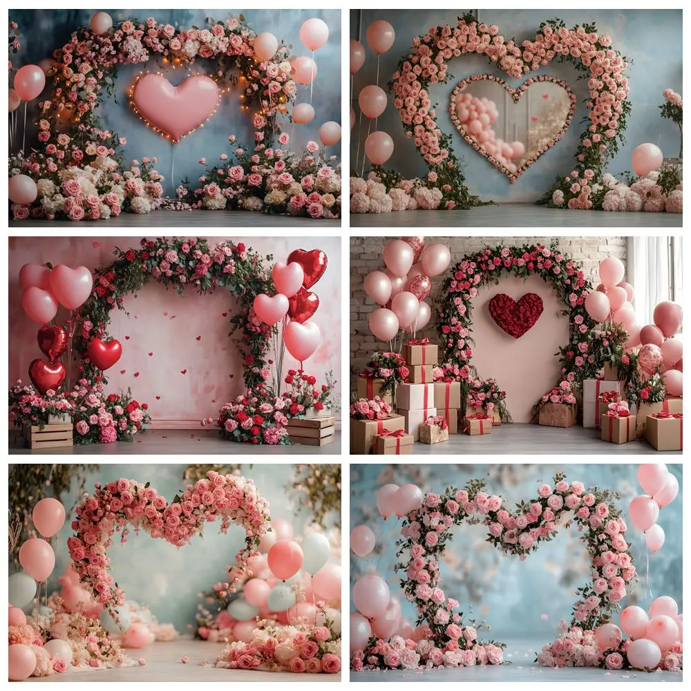 Valentines Day Arch Rose Love Heart Backdrop Pink Flowers Sweet Couple Portrait Family Party Wedding Photography Background