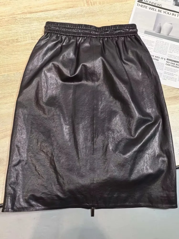 Damen Büro-Mode Elastische Taille Einfarbiger Reißverschluss-Taschen Echtleder-Rock Loser Schafsleder Knielanger Handgefertigter Rock