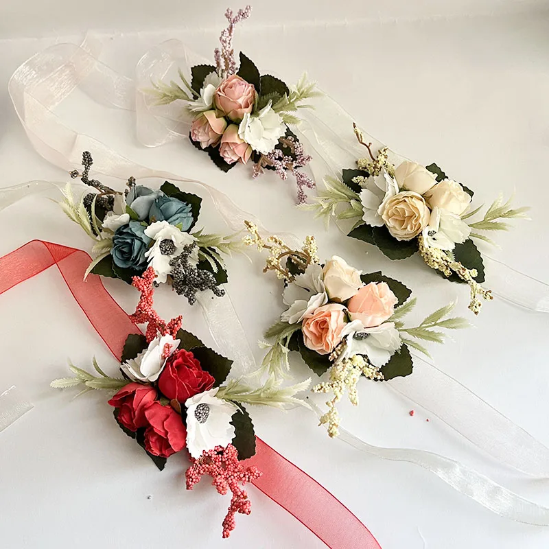 Bracelet de mariage pour demoiselles d'honneur, corsage de poignet, fleurs de boutonnière, poubelle artificielle, fête de Rh, accessoires de mariage