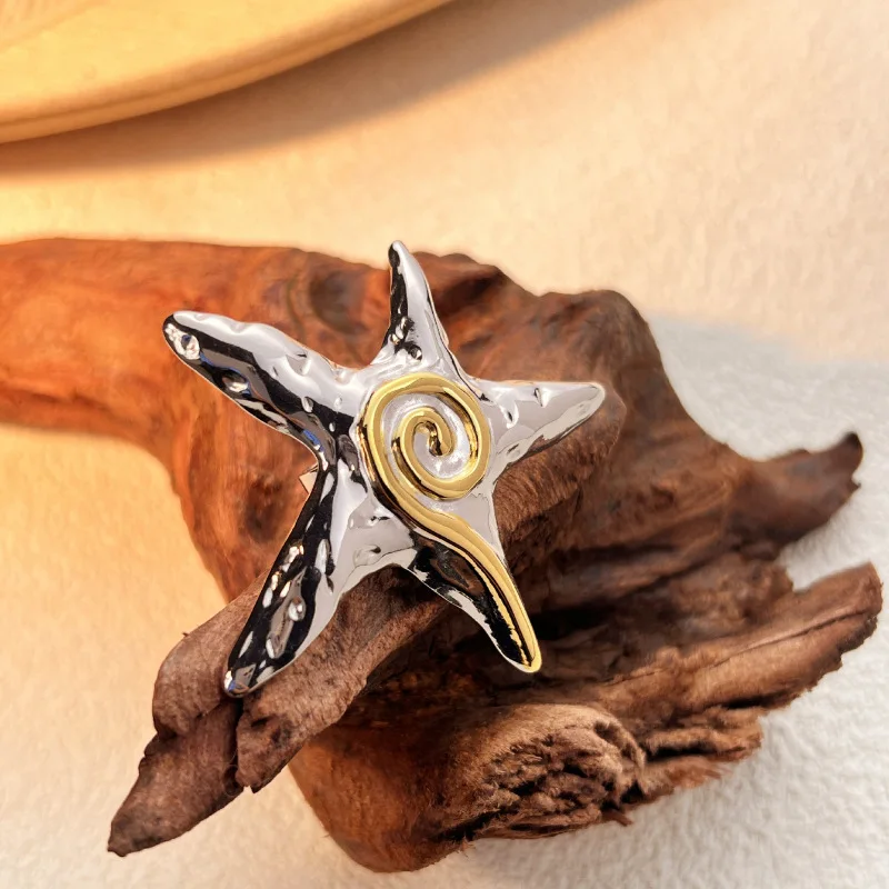 Exaggerate Oversize Two-color Starfish Rings for Women Gold&silver Mix Color Big Star Knuckle Ring Party Gifts Trendy Jewelry view 3