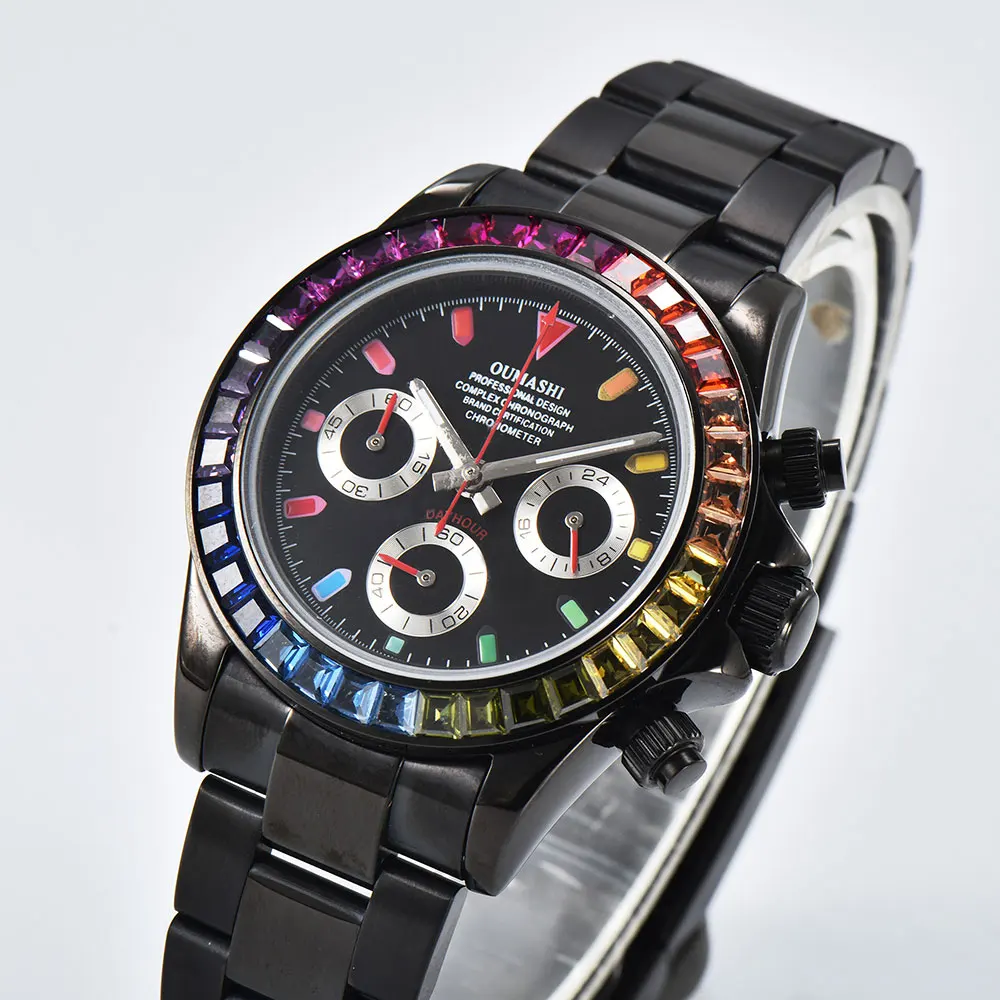 Orologio da uomo d'affari di lusso nero con movimento VK63 cronografo in vetro zaffiro con cassa in pietra preziosa colorata lunetta orologio da uomo d'affari su misura