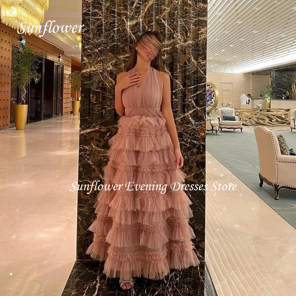 

Sunflower Halter Prom Gown A-LINE Evening Dress Slim Tiered Tulle Floor-Length Party Dress 2023 Wedding Dress High-end Custom