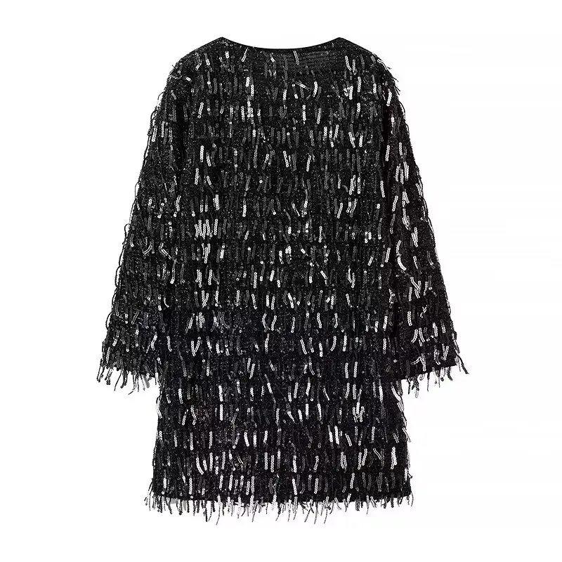 TRAFZA Elegant Romantic Fringe Beaded Mini Dress Women\'s V-Neck Loose Dress New 2024 Spring Summer Dinner Date Dress