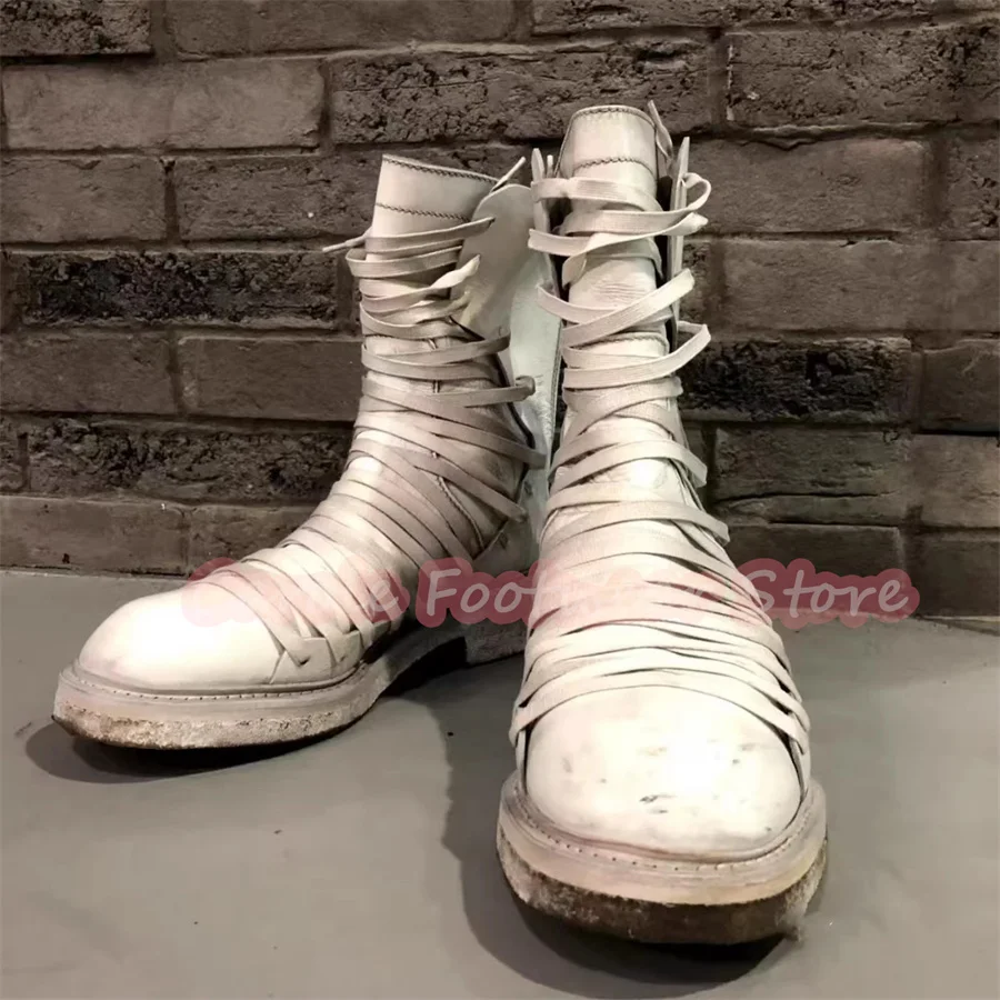 Multi Cross-Tied Strap Design Balck High Top Boots for Men Punk Chunky Heel Round Toe Casual Boots Male Outside Motorcycle Boots