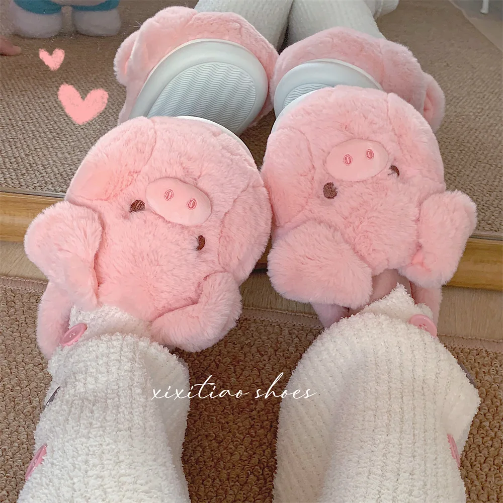 Winter new pig slipper woman fuzzy fleece piglet slides shoes women\'s pink bowknot piggy slipper indoor home shoes furry loafer