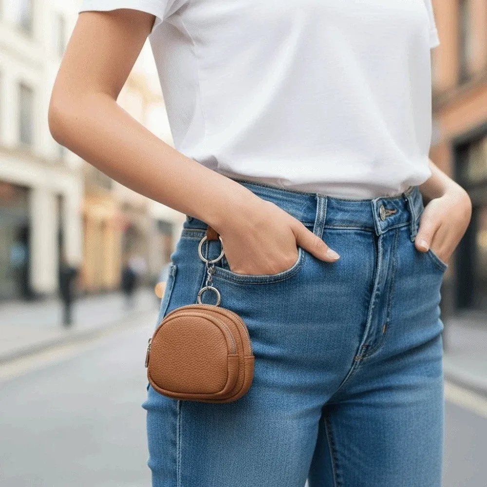 Versatile Portable Leather Coin Purse Wallet Solid Color Key Ring Round Bag Anti-lost Classic Mini Money Bag Student