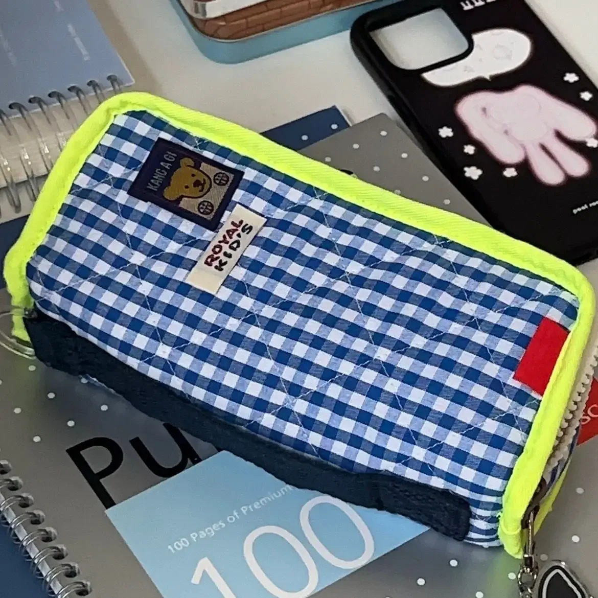 Small Fresh Blue and White Checkered Cotton Fabric Multi Storage Layer Pencil Bag Multifunctional Pencil Bag for Student