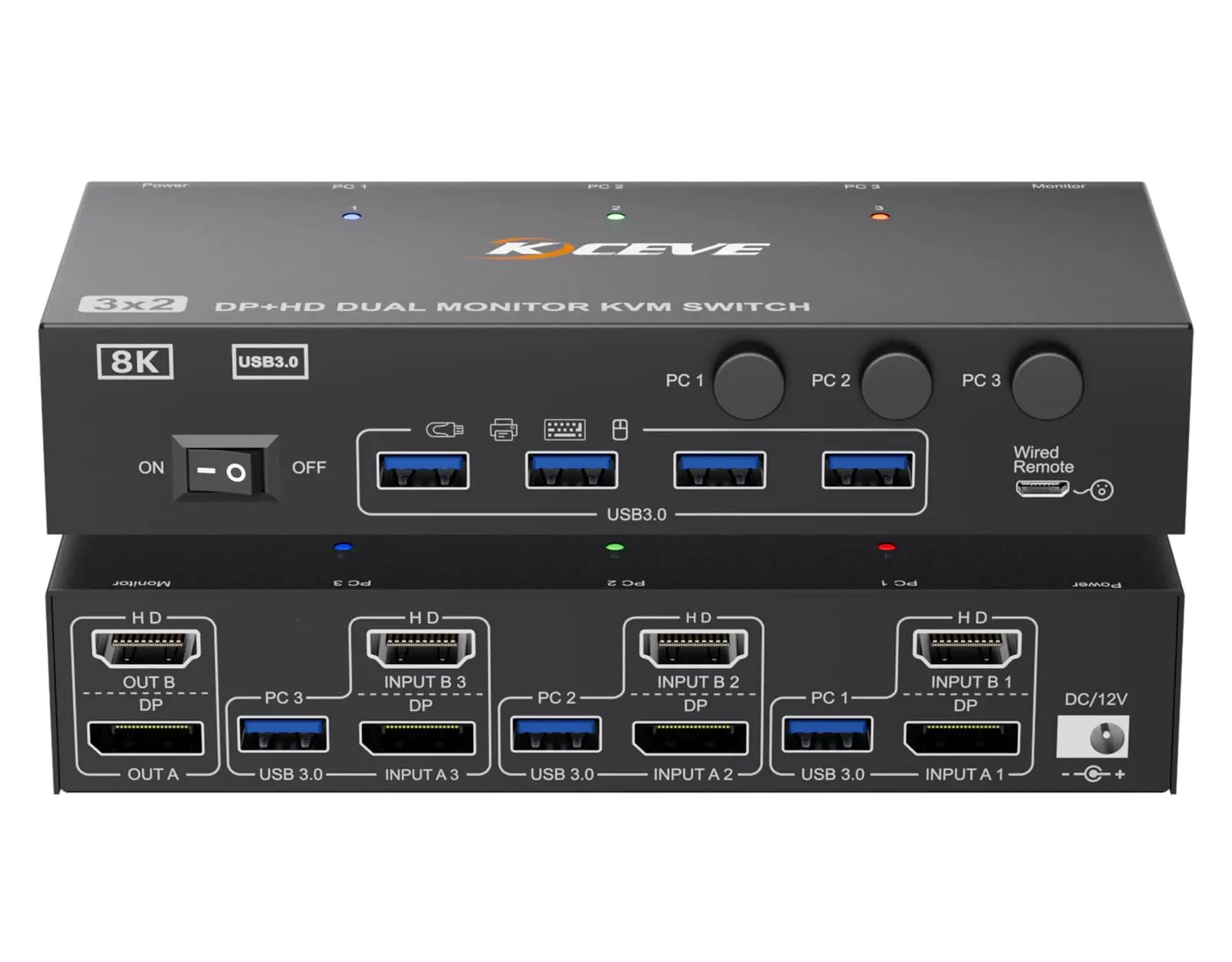 USB 3.0 KVM Switch 2 Monitors 4/3 Computers HDMI+DisplayPort,KCEVE 8K@60Hz/4k@144Hz KVM Switch for 4/3 PCs Share 4 USB3.0 Device