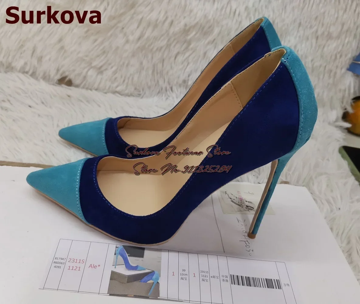 Surkova Turquoise Royal Blue Suede Patchwork High Heel Shoes 12cm 10cm 8cm Stilettos Mixed Color Shallow Pumps Size45 Shallow