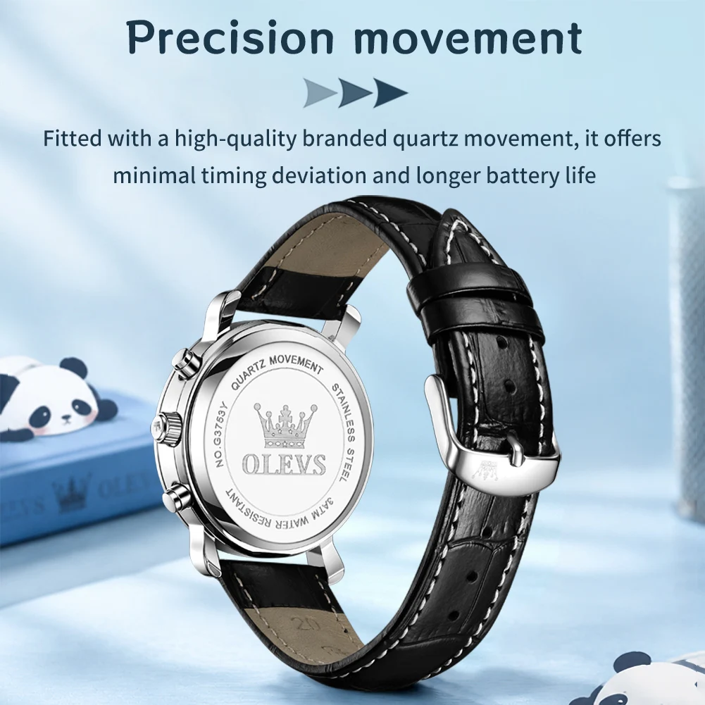 OLEVS 3753 Men Quartz Chronograph Watch Panda Dial Genuine Leather Strap Waterproof Male Sports Wristwatch Reloj Hombre Montre
