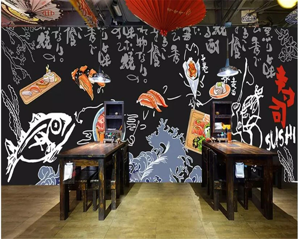 Custom 3D wallpaper modern fashion personality hand painted black restaurant Theme background wall mural Seafood Fish sushi 8d