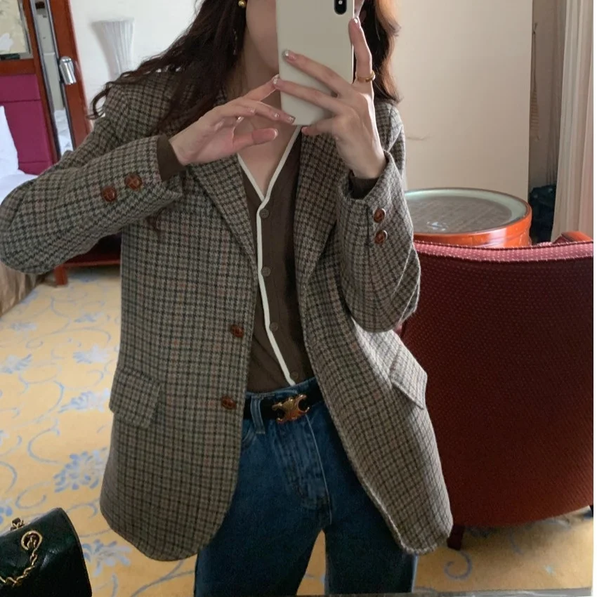 Women's Single-Button Woolen Suit Jaet Korean Sle Retro Faion Plaid Collar Design Commute Long Sve Coat Two Colors