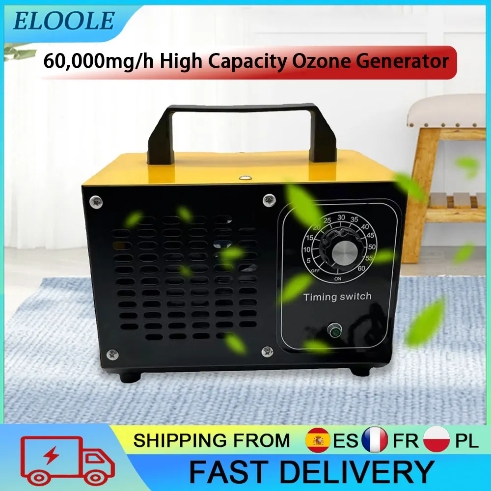 Generador de Ozono de 60000 mg/h, Generador de Ozono Comercial, Purificador de Aire Portátil con Ozono para Eliminar Olores de Mascotas en el Hogar y el Automóvil, Enchufe Europeo con Temporizador y Salida de Ozono Ajustable