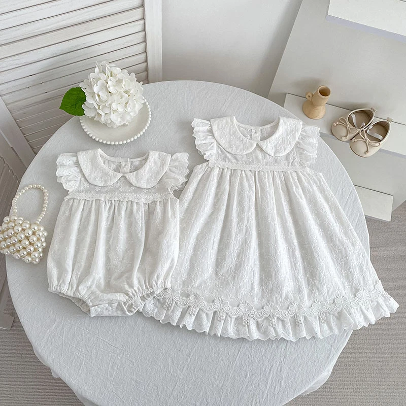 2026 Neuer Sommer 0-24M Baby Mädchen Kurzarm Baumwolle Weißer Strampler 2-6 Jahre Kinder Prinzessin Süßes Stickerei-Kleid Schwesterkleid – Detail 28