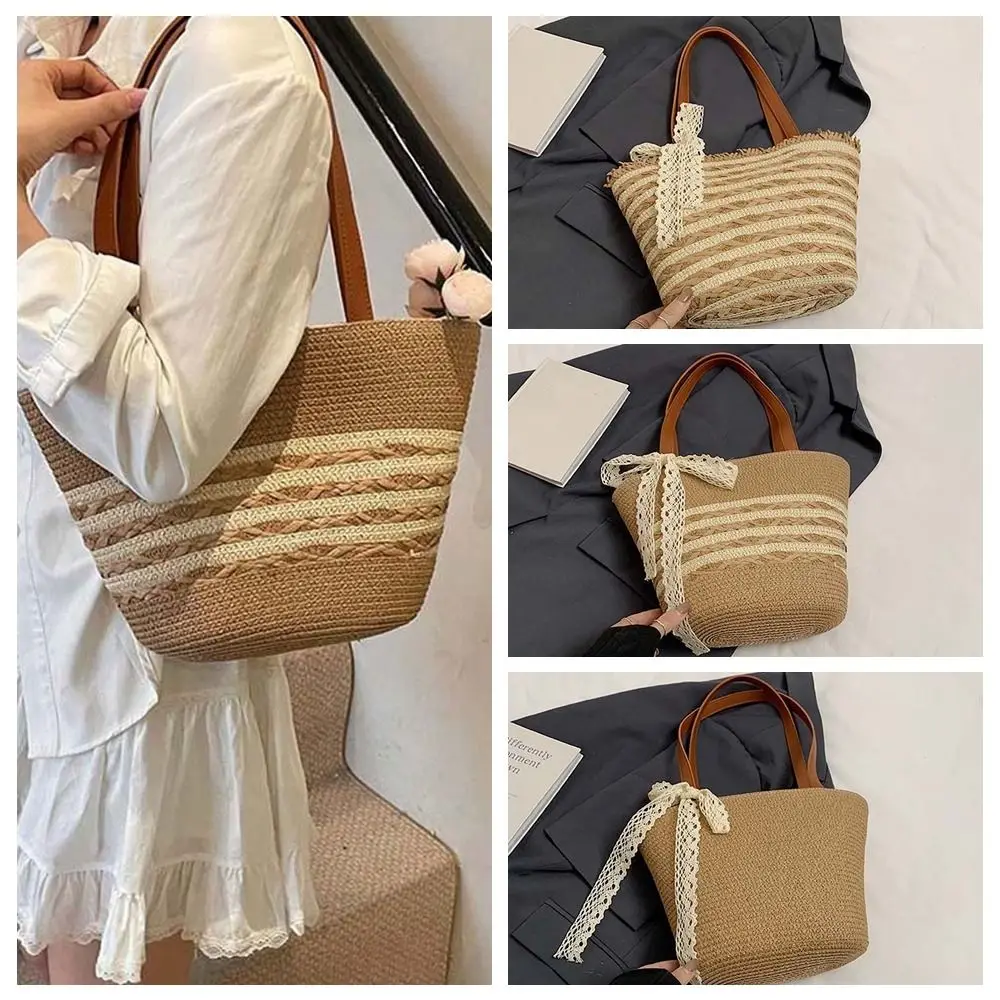 

Shoulder Bag Sweet Woven Tote Bag Breathable Large Capacity Stripe Straw Handbag Khaki Beige Summer Beach Bag Storage