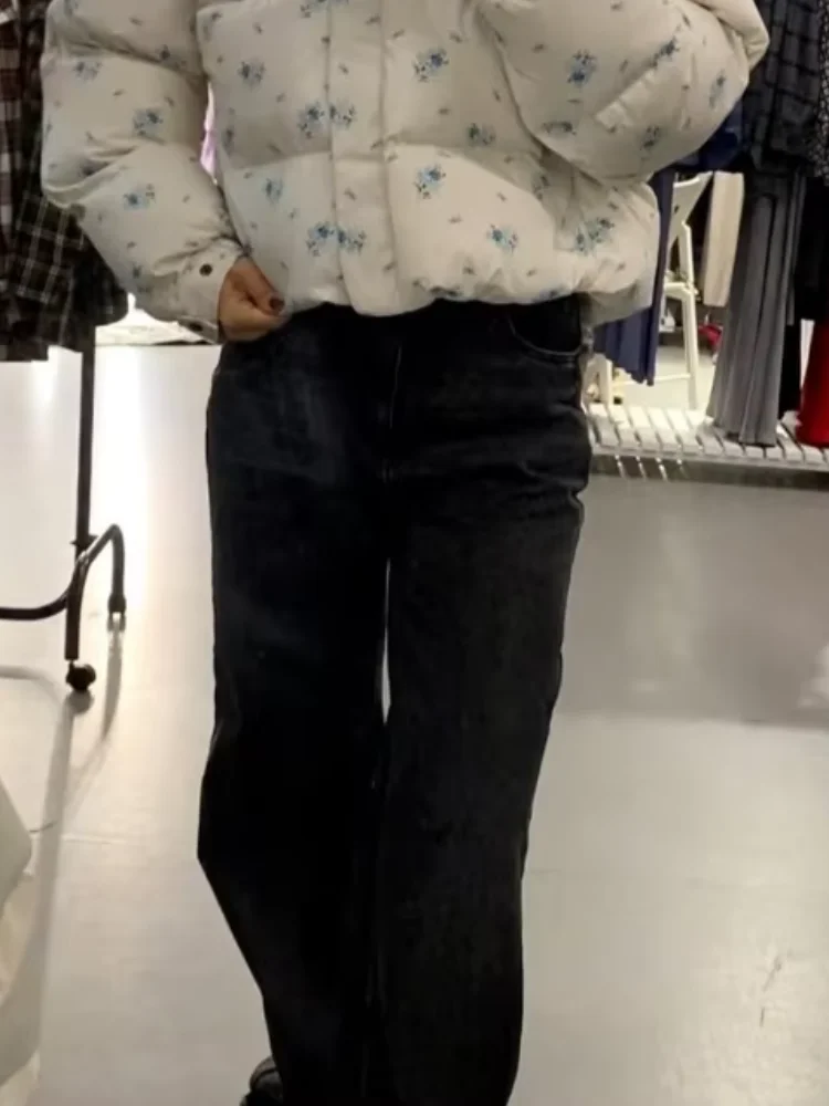 

Flower Print Parkas Coat Women Hooded Stand Collar Zipper Warm Cotton Short Jacket 2025 Winter New Streetwear Thickened Outwears