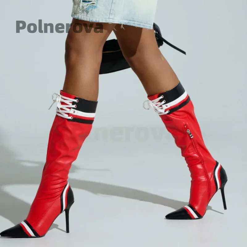 

Кожаные сапоги до колена, женские красные высокие сапоги с острым носком и боковой молнией, современные зимние туфли-гладиаторы на шпильке