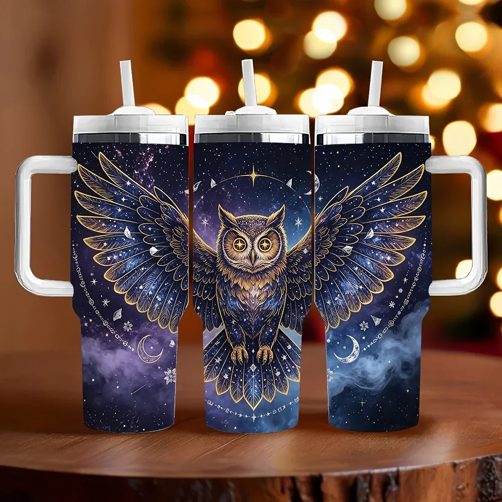 40Oz Insulated Tumbler with Handle, Starry Sky Owl Printed Design, Keeps Drinks Temperature Long Term, Ideal As Holiday And Birthday Gift, Suitable for Daily Use Outdoor Travel And Indoor Activities