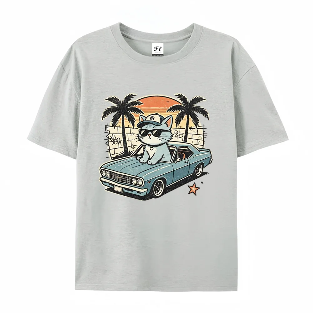 Vintage Cool Cat Classic Car Graphic T‑Shirt Unisex Retro West Coast Palm Sunset Casual Streetwear Short Sleeve Trendy Funny Tee