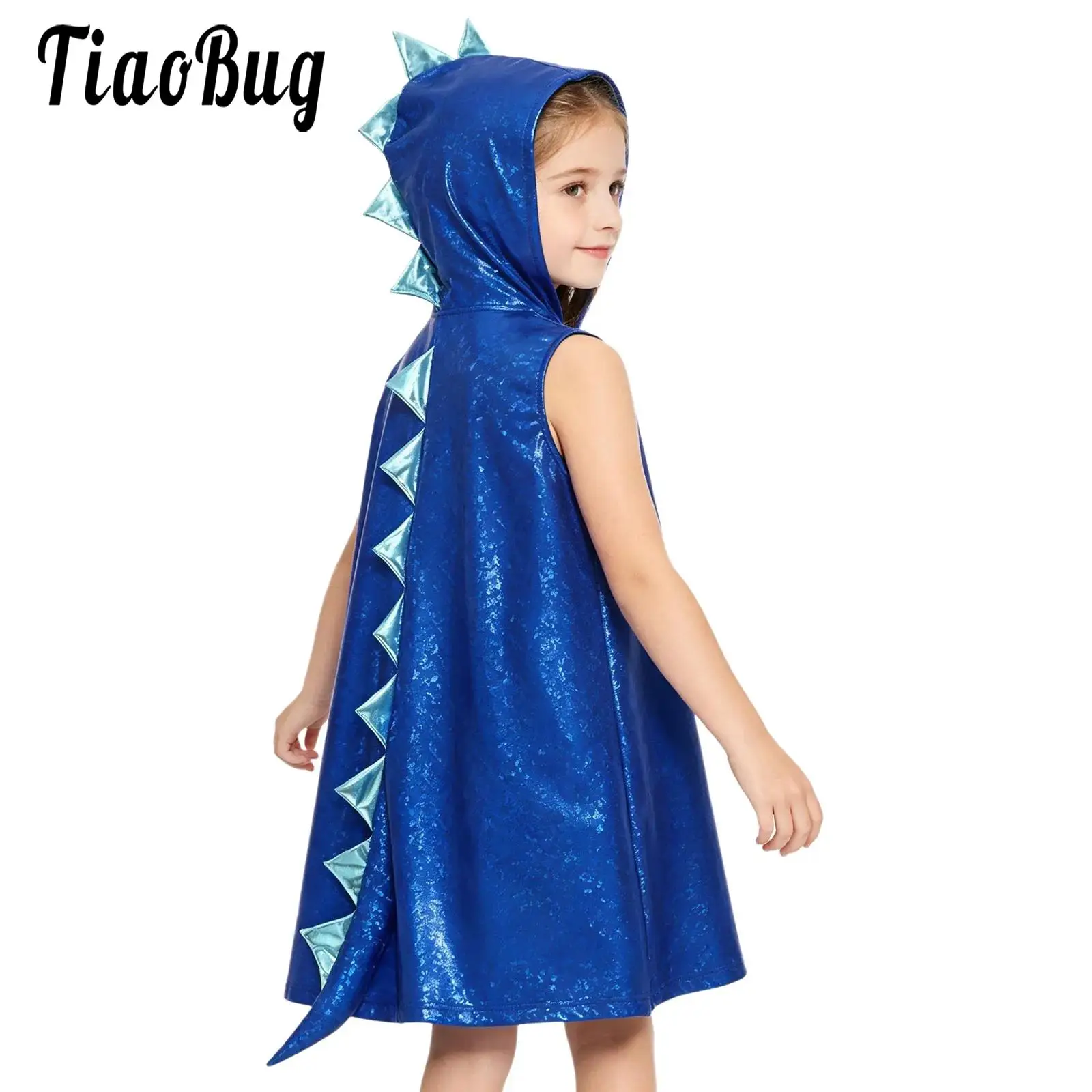 Kids Girls Metallic Dinosaur Dress Halloween Costumes Sleeveless Hooded 3D Tail Design Dress for Stage Performance Theme Party