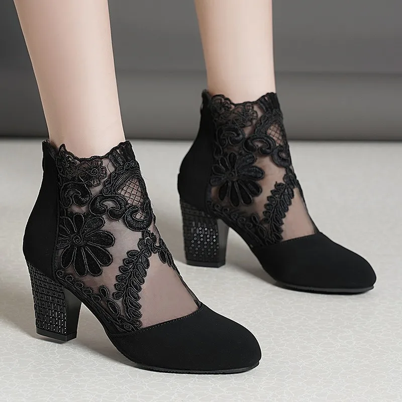 2024 New Fashion Women High Heels Lace Flower Ankle Strap Hollow Out Sandals Round Toe Zip Pumps Zapatos De Mujer