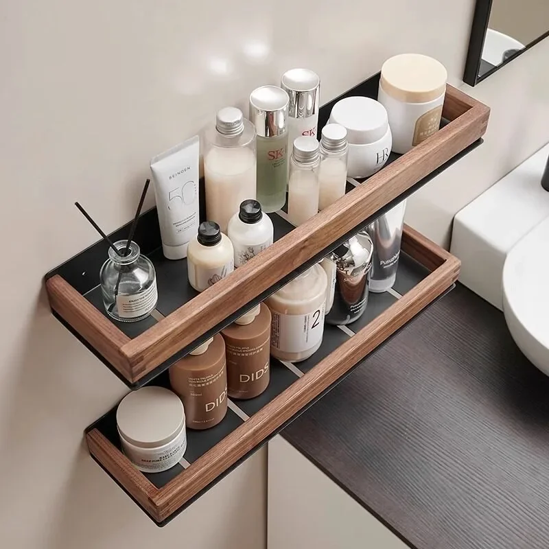 Walnut Wood Bathroom Shelf Wall Mounted No Drill Toilet Storage Rack Cosmetic Towel Holder for EU Home
