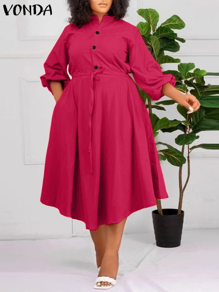 

Plus Size 5XL VONDA Women Elegant Shirt Dress Long Lantern Sleeve Midi Sundress 2024 Loose Solid Casual Button Party Vestidos